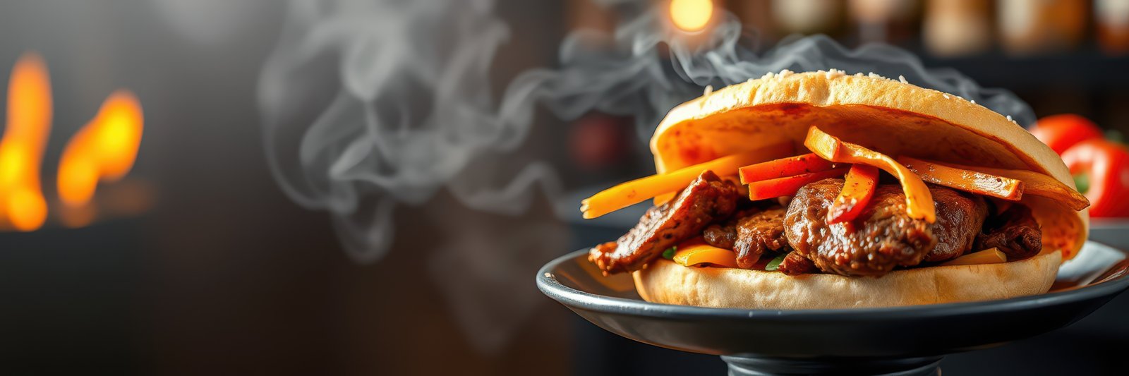 Delicious steaming beef sandwich served on a plate with colorful vegetables against a warm background